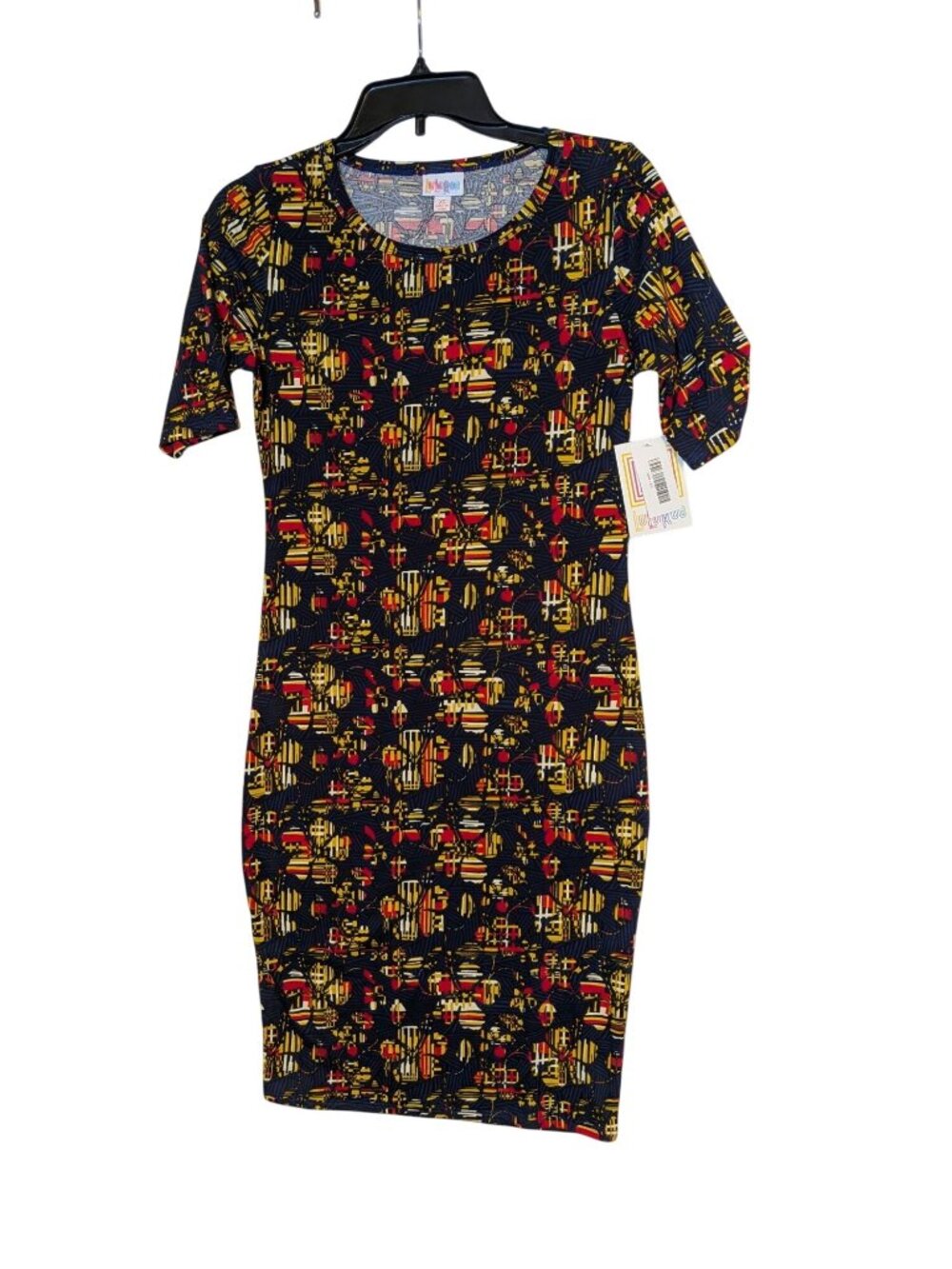Lularoe Julia XS Black Dress With Geometric Yellow & Red Pattern Short Sleeves S